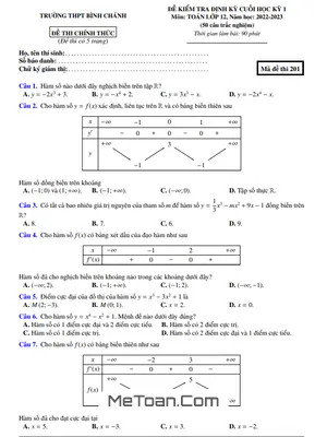 Đề thi học kỳ 1 Toán 12 năm 2022 - 2023 trường THPT Bình Chánh - TP HCM (có đáp án)
