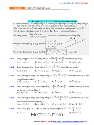 Ôn thi THPT Quốc gia 2020 môn Toán: Phương trình đường thẳng - Tài liệu hay, bài tập chất