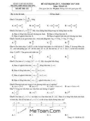 Đề sát hạch Toán 12 lần 2 năm 2017-2018 trường THPT Đoàn Thượng - Hải Dương (Mã đề 132)