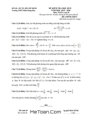 Đề thi học kì 2 môn Toán lớp 10 năm 2019 - 2020 trường THPT Bình Hưng Hòa - TP HCM