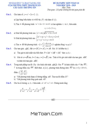 Đề Olympic Toán 10 năm 2019 cụm THPT Thanh Xuân & Cầu Giấy & Thường Tín - Hà Nội