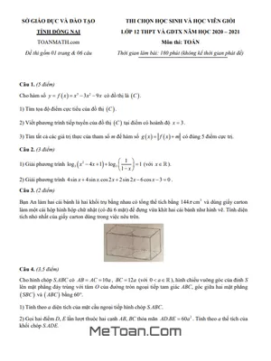 Đề thi học sinh giỏi Toán 12 năm 2020 - 2021 sở GD&ĐT tỉnh Đồng Nai