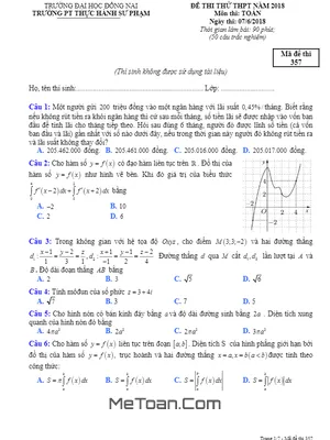 Đề thi thử Toán THPTQG 2018 trường PT thực hành Sư Phạm Đồng Nai mã đề 357 có đáp án