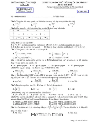 Đề Thi Thử THPT Quốc Gia 2017 Môn Toán Trường THPT Công Nghiệp - Hòa Bình Lần 2