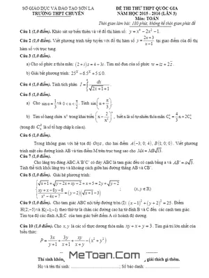 💯 Đề thi thử THPT Quốc gia môn Toán trường chuyên Sơn La lần 3 năm 2016 - Có đáp án