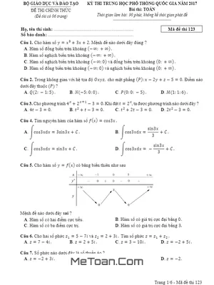Đề thi chính thức môn Toán kỳ thi THPT Quốc gia năm 2017 có lời giải