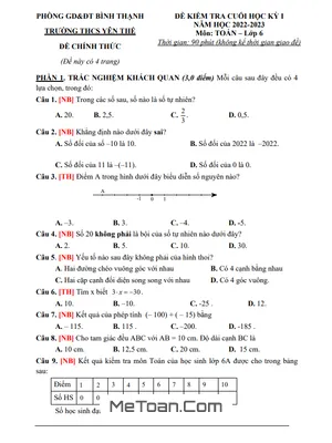 Đề Tham Khảo Cuối Kỳ 1 Toán 6 Năm 2022 - 2023 Trường THCS Yên Thế - TP HCM