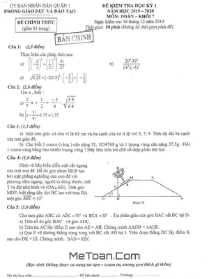 Đề thi học kỳ 1 Toán 7 năm 2019 - 2020 phòng GD&ĐT Quận 1 - TP HCM