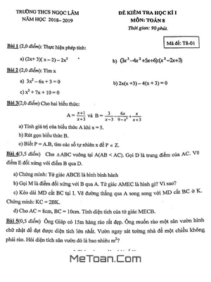 Đề thi học kỳ 1 Toán lớp 8 năm 2018 - 2019 trường THCS Ngọc Lâm - Hà Nội