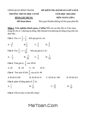 Bộ Đề Tham Khảo Giữa Kì 2 Toán 6 Năm 2023 - 2024 Phòng GD&ĐT Bình Thạnh - TP HCM