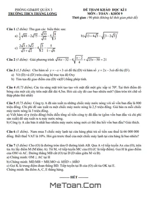 Đề Tham Khảo Học Kì 1 Toán 9 Năm 2022 - 2023 Trường THCS Thăng Long - TP HCM