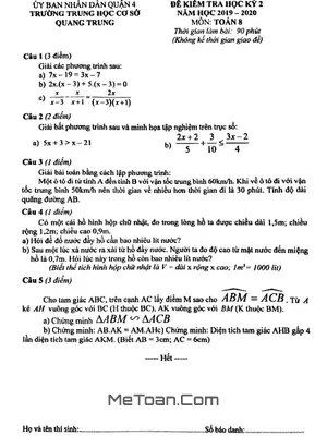 Đề thi HK2 Toán 8 năm học 2019 - 2020 trường THCS Quang Trung - TP HCM