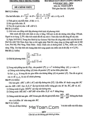 Đề khảo sát Toán 9 tháng 5 năm 2024 trường THCS Trưng Vương – Hà Nội