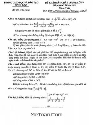 Đề khảo sát chất lượng Toán 9 năm 2020 - 2021 phòng GD&ĐT Nghi Lộc - Nghệ An