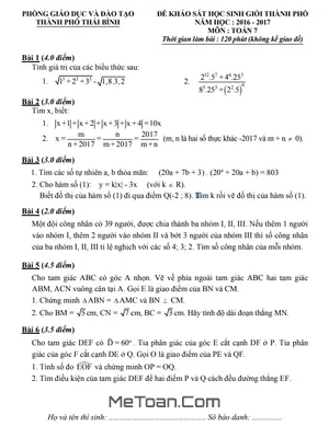 Đề khảo sát HSG Toán 7 năm 2016 - 2017 phòng GD&ĐT thành phố Thái Bình