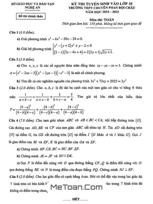 Đề Tuyển Sinh Lớp 10 Môn Toán Năm 2024 - 2025 Trường Chuyên Phan Bội Châu - Nghệ An