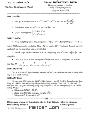 Đề thi tuyển sinh lớp 10 môn Toán (chuyên) năm 2021 - 2022 Sở GD&ĐT Tiền Giang