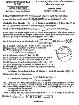 Đề thi học sinh giỏi tỉnh Toán 9 năm 2023 - 2024 sở GD&ĐT Hà Tĩnh