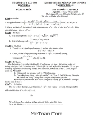 Đề thi chọn HSG Toán 9 cấp tỉnh Thanh Hóa năm 2020 - 2021