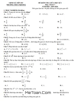 Đề thi Giữa Học Kì 1 Môn Toán Lớp 7 Năm Học 2025 – 2026 của Trường THCS Nội Duệ, Bắc Ninh (Có Đáp Án)