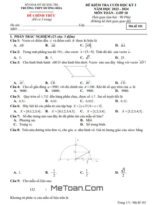 Đề thi học kì 1 Toán 10 năm 2023 - 2024 trường THPT Hướng Hóa (Quảng Trị) có đáp án