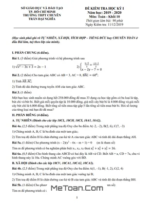 Đề thi học kì 1 Toán 10 năm 2019 – 2020 trường THPT chuyên Trần Đại Nghĩa - TP HCM