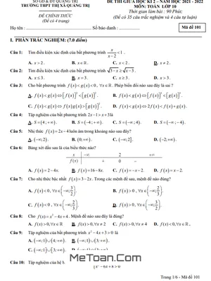 Đề thi giữa kỳ 2 Toán 10 năm 2021 - 2022 trường THPT Thị xã Quảng Trị