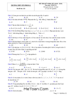 Đề thi giữa học kỳ 1 Toán 11 năm 2018 - 2019 trường Yên Phong 1 - Bắc Ninh