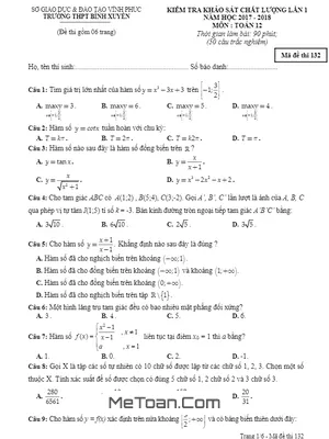 Đề kiểm tra KSCL lần 1 môn Toán 12 năm 2017 - 2018 trường THPT Bình Xuyên - Vĩnh Phúc