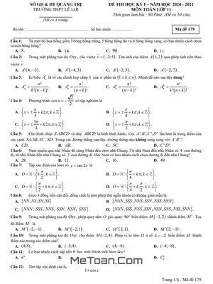 Đề thi HK1 Toán 11 năm 2020 - 2021 trường THPT Lê Lợi - Quảng Trị