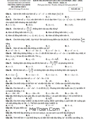 Đề Thi Giữa Kì 1 Toán 12 Năm 2023 - 2024 Trường THPT Gia Định - TP.HCM
