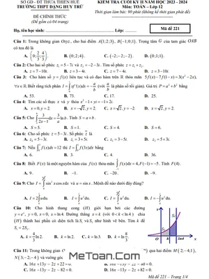 Đề thi cuối kỳ 2 Toán 12 năm 2023 - 2024 trường THPT Đặng Huy Trứ - TT Huế