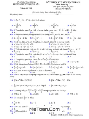 Đề thi học kỳ 2 Toán 12 năm 2018 - 2019 trường Yên Dũng 2 - Bắc Giang