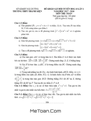 Đề thi HSG Toán 10 lần 1 năm 2017 - 2018 trường THPT Thanh Miện - Hải Dương (Có lời giải)