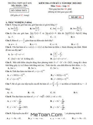 Đề Thi Cuối Kỳ 2 Môn Toán Lớp 11 Năm 2022 - 2023 Trường THPT Quế Sơn - Quảng Nam