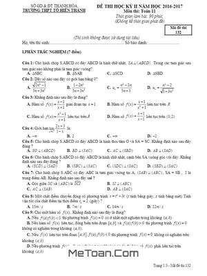 Đề thi HK2 Toán 11 năm 2016 - 2017 trường THPT Tô Hiến Thành - Thanh Hóa