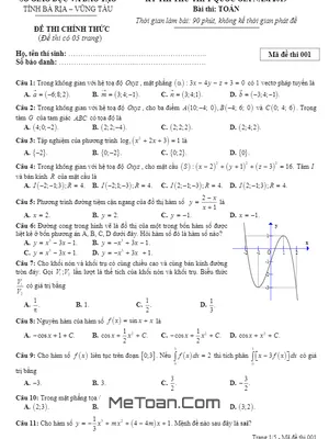 Đề thi thử THPT Quốc gia 2019 môn Toán sở GD&ĐT Bà Rịa – Vũng Tàu