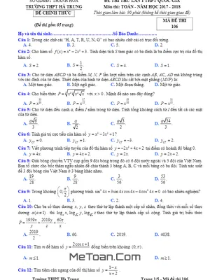 Đề thi thử Toán THPT Quốc gia 2018 lần 1 trường THPT Hà Trung - Thanh Hóa