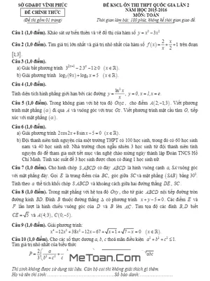 Đề thi thử THPT Quốc gia môn Toán 2016 lần 2 Sở GD&ĐT Vĩnh Phúc
