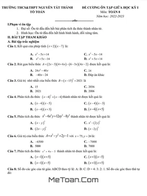 Đề Cương Ôn Tập Toán 8 Giữa Kỳ 1 Năm 2022-2023 Trường Nguyễn Tất Thành - Hà Nội
