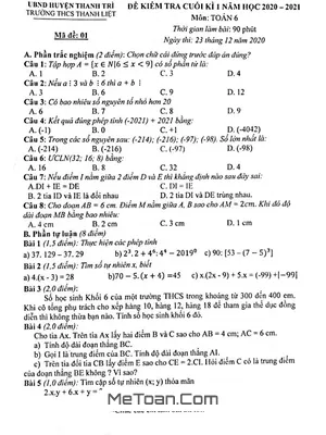 Đề thi cuối kì 1 Toán 6 năm 2020 - 2021 trường THCS Thanh Liệt - Hà Nội