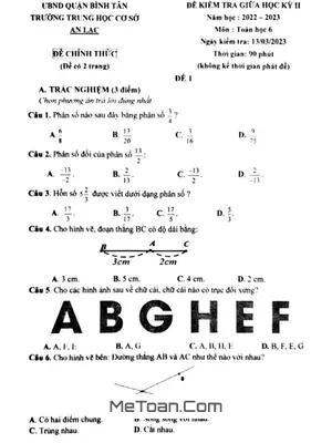 Đề thi giữa kỳ 2 Toán lớp 6 năm 2022 - 2023 trường THCS An Lạc - TP.HCM
