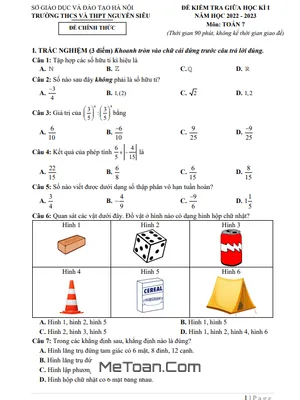 Đề thi giữa kì 1 Toán 7 năm 2022 - 2023 trường THCS&THPT Nguyễn Siêu - Hà Nội