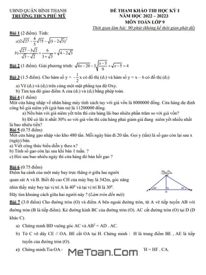 Đề Tham Khảo Cuối Kỳ 1 Toán 9 Năm 2022 - 2023 Trường THCS Phú Mỹ - TP HCM