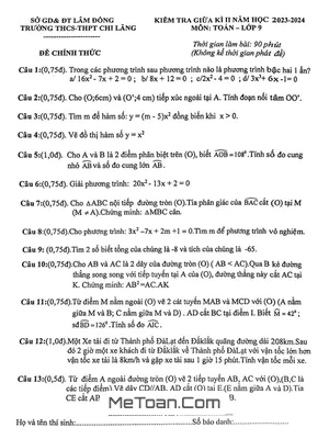 Đề Thi Giữa Kì 2 Toán 9 Năm 2023 - 2024 Trường THCS - THPT Chi Lăng - Lâm Đồng