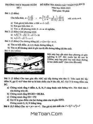 Đề khảo sát Toán 9 lần 2 năm 2020 - 2021 trường THCS Thanh Xuân - Hà Nội