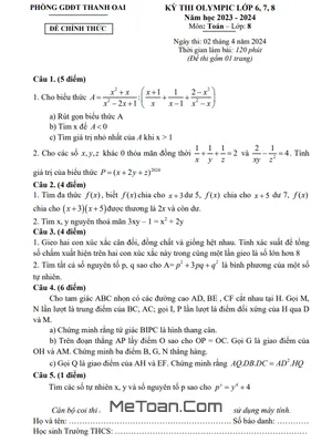 Đề thi Olympic Toán 8 năm 2023 - 2024 phòng GD&ĐT Thanh Oai - Hà Nội