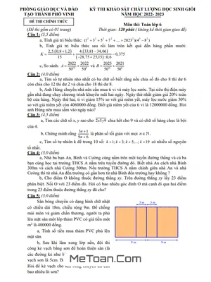Đề thi học sinh giỏi Toán 6 năm 2022 - 2023 phòng GD&ĐT thành phố Vinh - Nghệ An