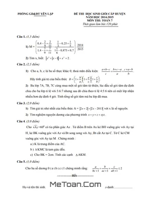 Đề thi học sinh giỏi huyện môn Toán lớp 7 năm 2014 - 2015, phòng GD&ĐT Yên Lập - Phú Thọ