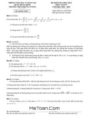 Đề thi học kì 2 Toán 9 năm 2022 - 2023 trường THCS Trưng Vương - Hà Nội